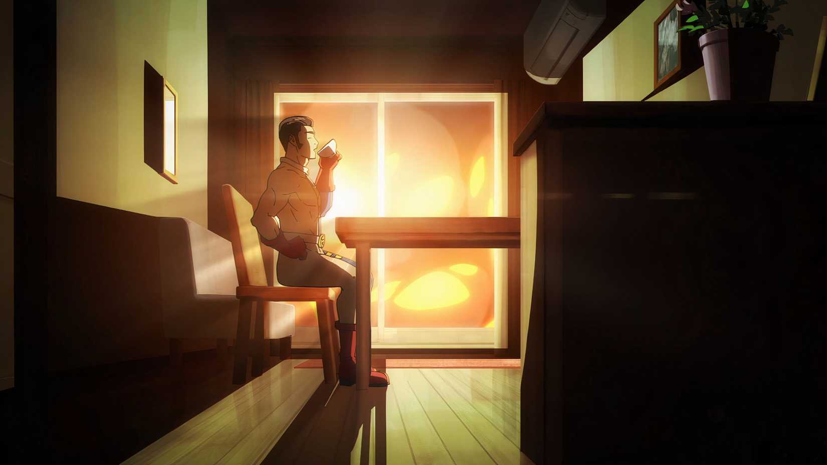 Fumihiko Takaba sirote une tasse tandis qu'une boule de feu s'approche dans l'épisode 58 de Jujutsu Kaisen