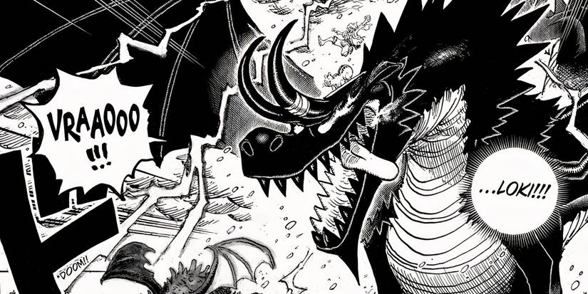 Gear 5 : Luffy et Ragnir chevauchent la forme Niddhoggr de Loki dans le chapitre 1175 de One Piece.