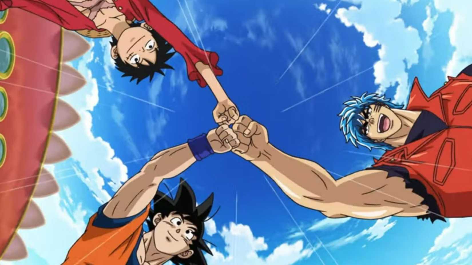 Goku, Toriko et Luffy se frappent le poing dans Dream 9 Toriko x One Piece X Dragon Ball Z