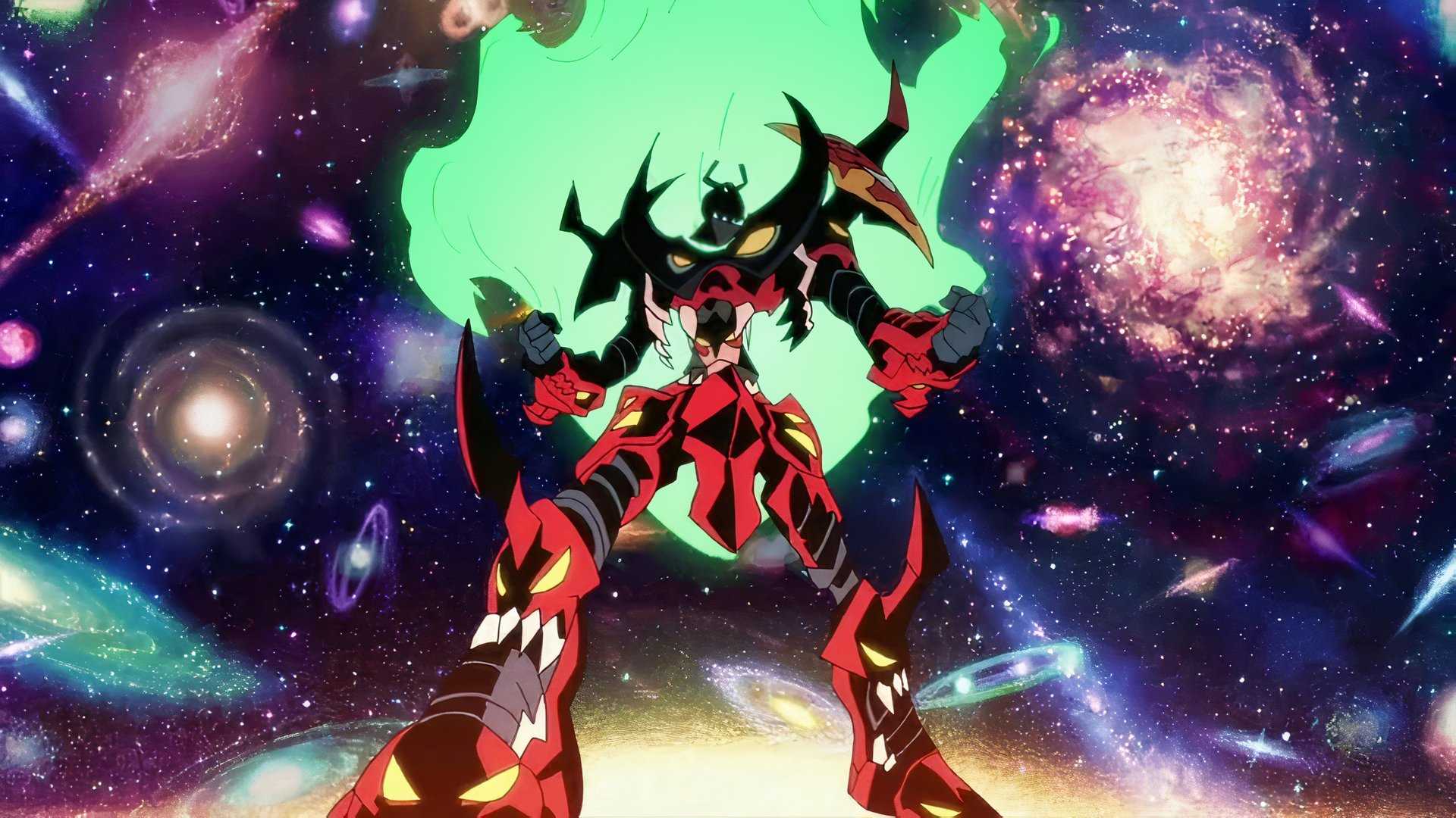 Gurren Lagann mecha surrounded by multiple universes in Gurren Lagann.