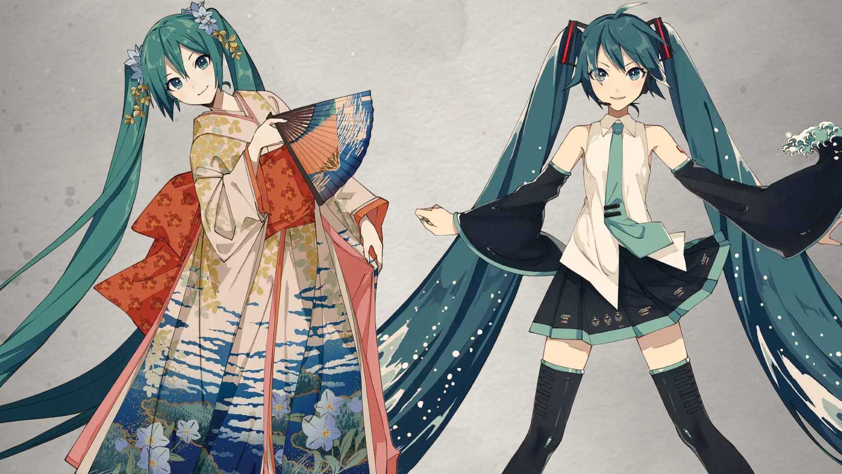 Vocaloid Hatsune Miku in Hokusai artwork wearing kimono