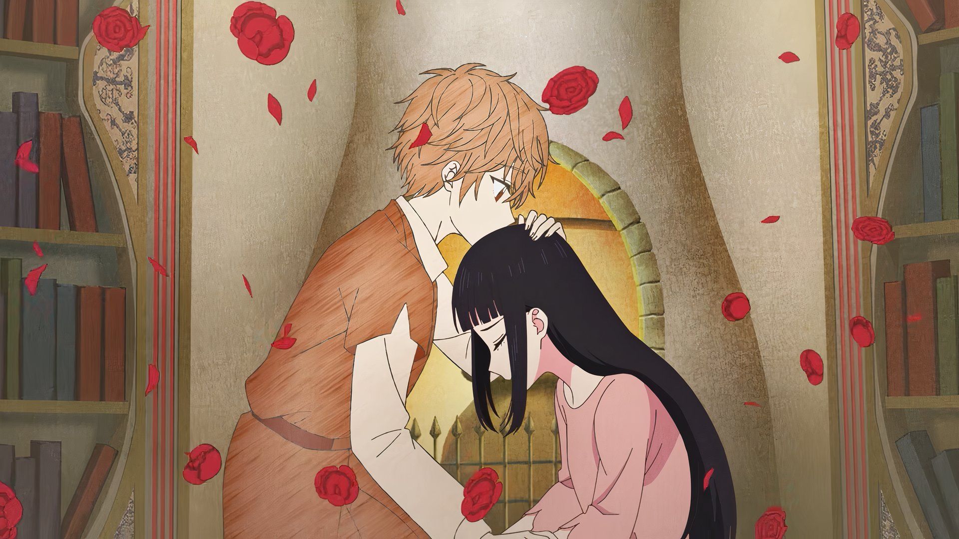 Henri kisses the top of Luna's head as rose petals fall around them in Champignon Witch