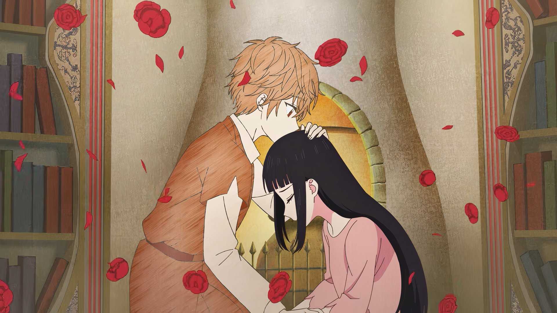 Henri kisses the top of Luna's head as rose petals fall around them in Champignon Witch