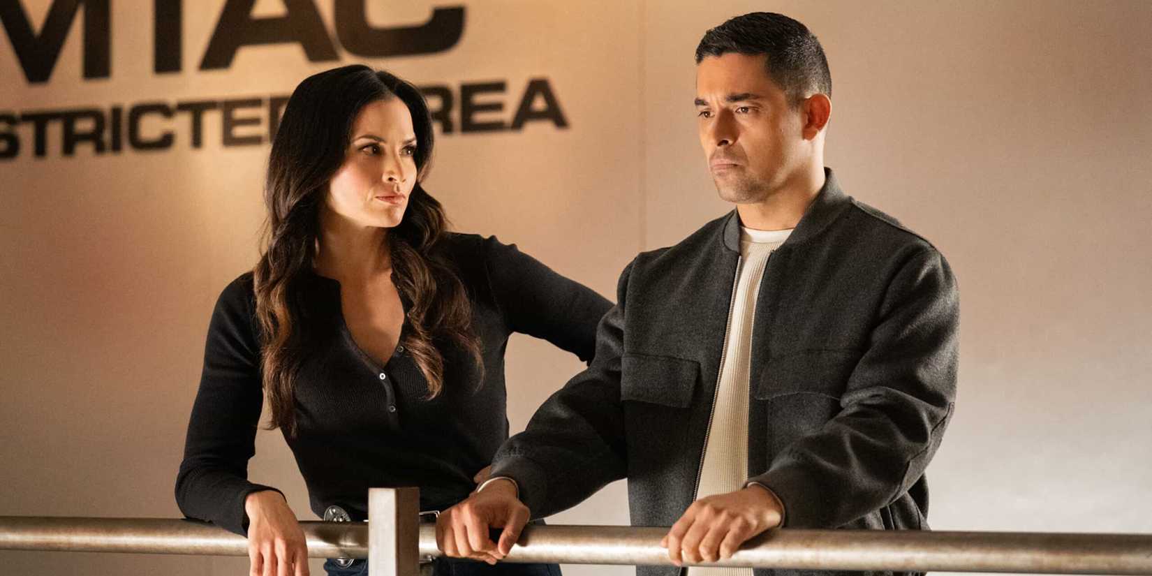 Katrina Law as Jessica Knight and Wilmer Valderrama as Nick Torres outside MTAC in NCIS Season 23 Episode 10 Her