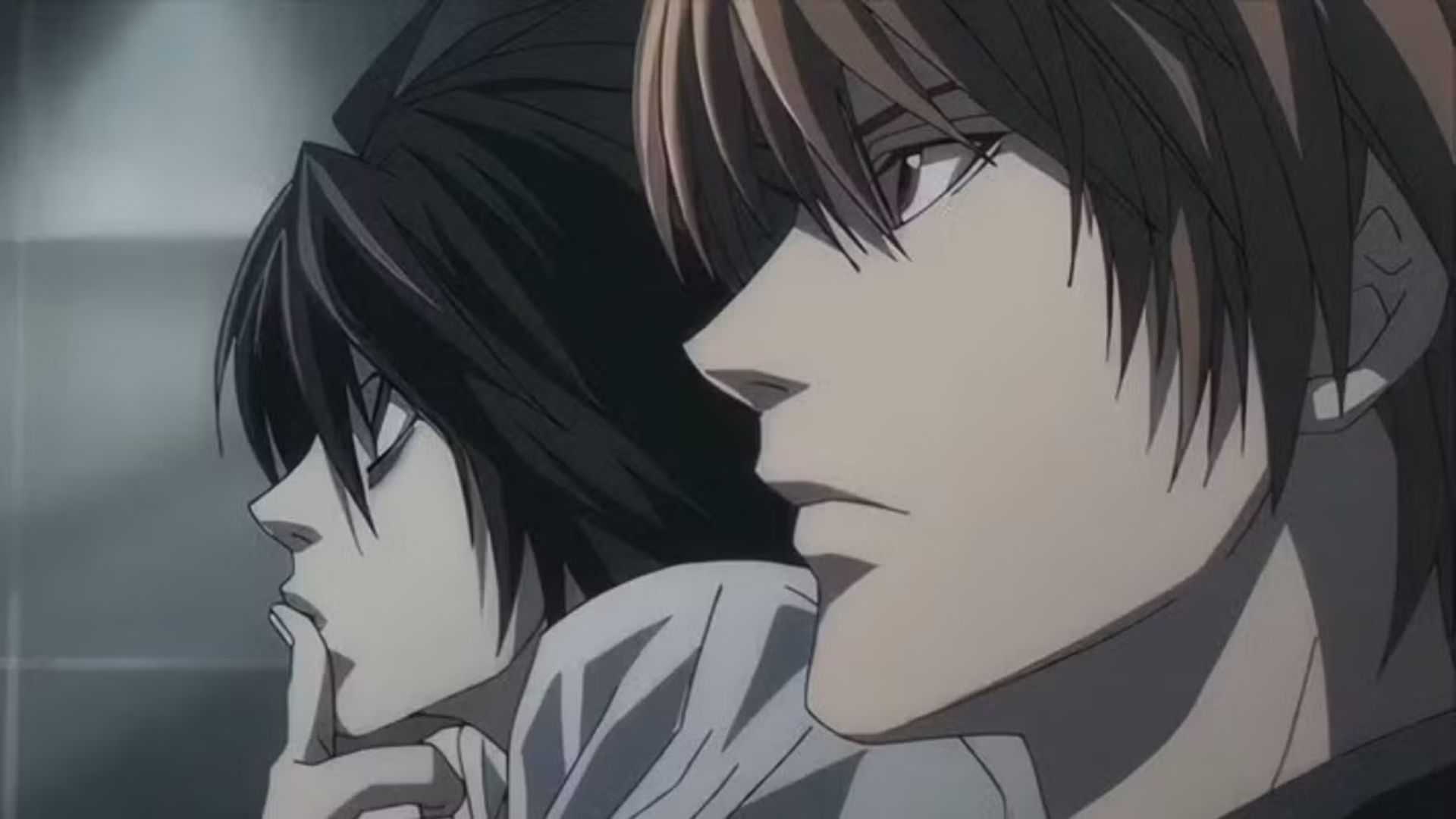 L and Light look to the left in Death Note anime.