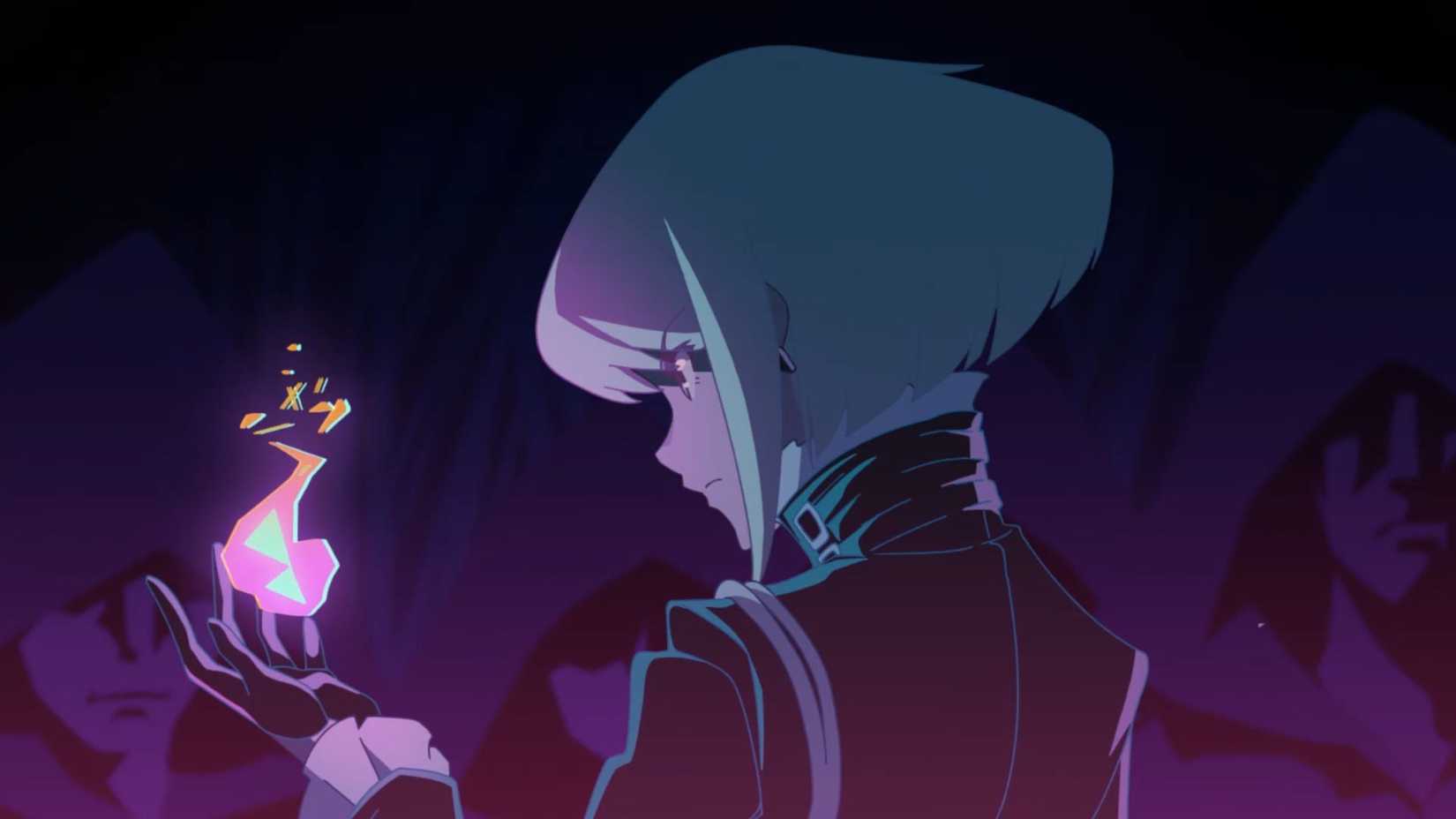 Lio Fotia looks at a flame on her palm in Promare