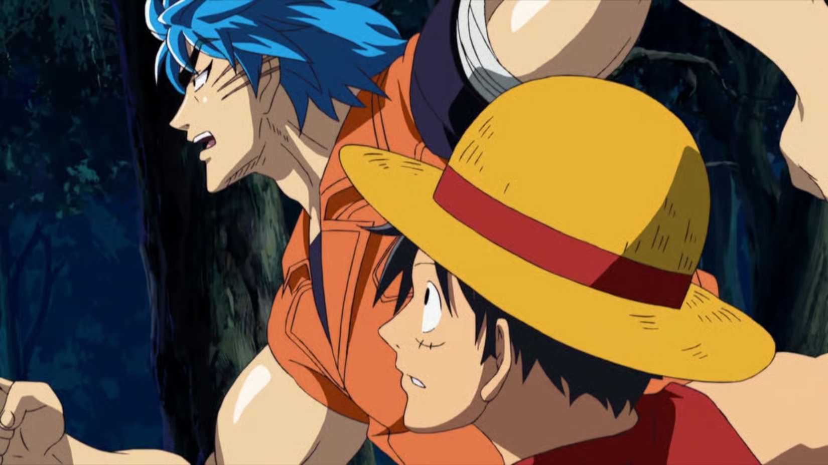 Luffy regarde Toriko alors qu'ils courent tous les deux dans le crossover One Piece x Toriko