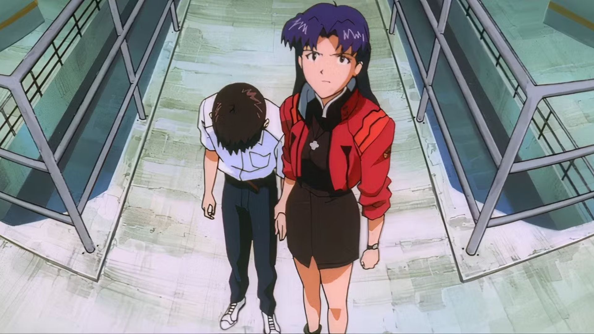 Misato Katsuragi holds Shinji Hikari by the hand at NERV HQ in The End of Evangelion.