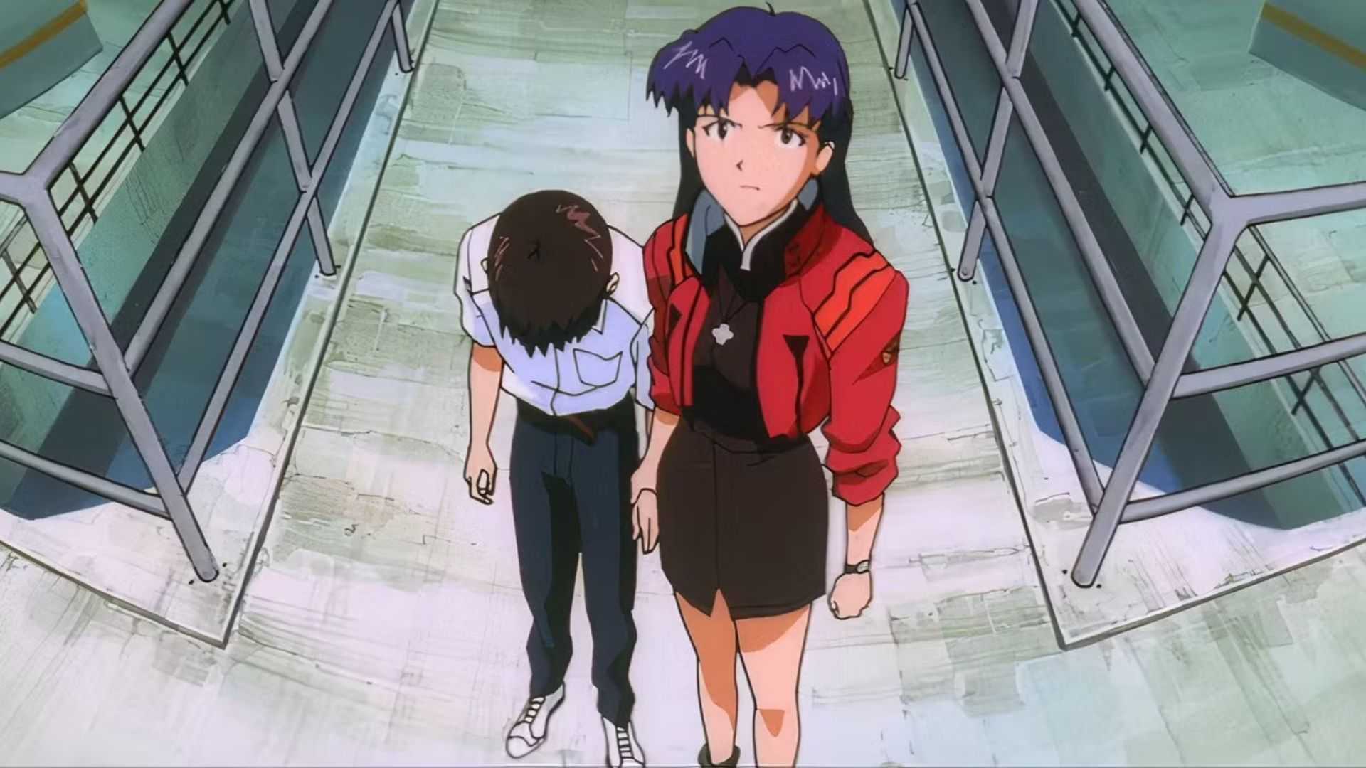 Misato Katsuragi holds Shinji Hikari by the hand at NERV HQ in The End of Evangelion.