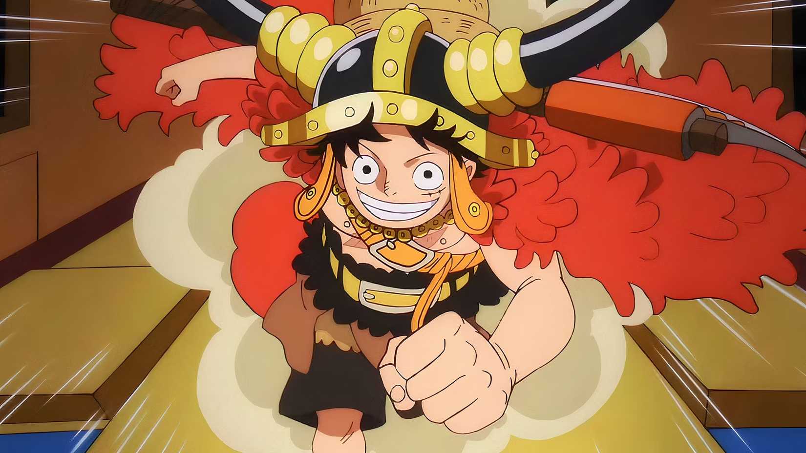 Monkey D. Luffy runs full speed ahead in his iconic outfit from the One Piece Elbaph Arc