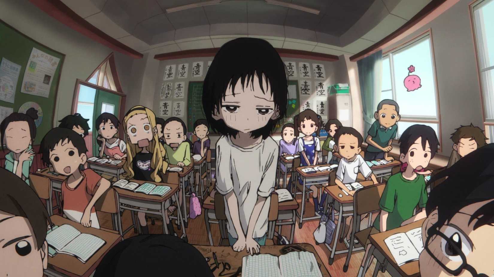 Shizuka Kuze standing up in a classroom full of other children in Takopi's Original Sin.