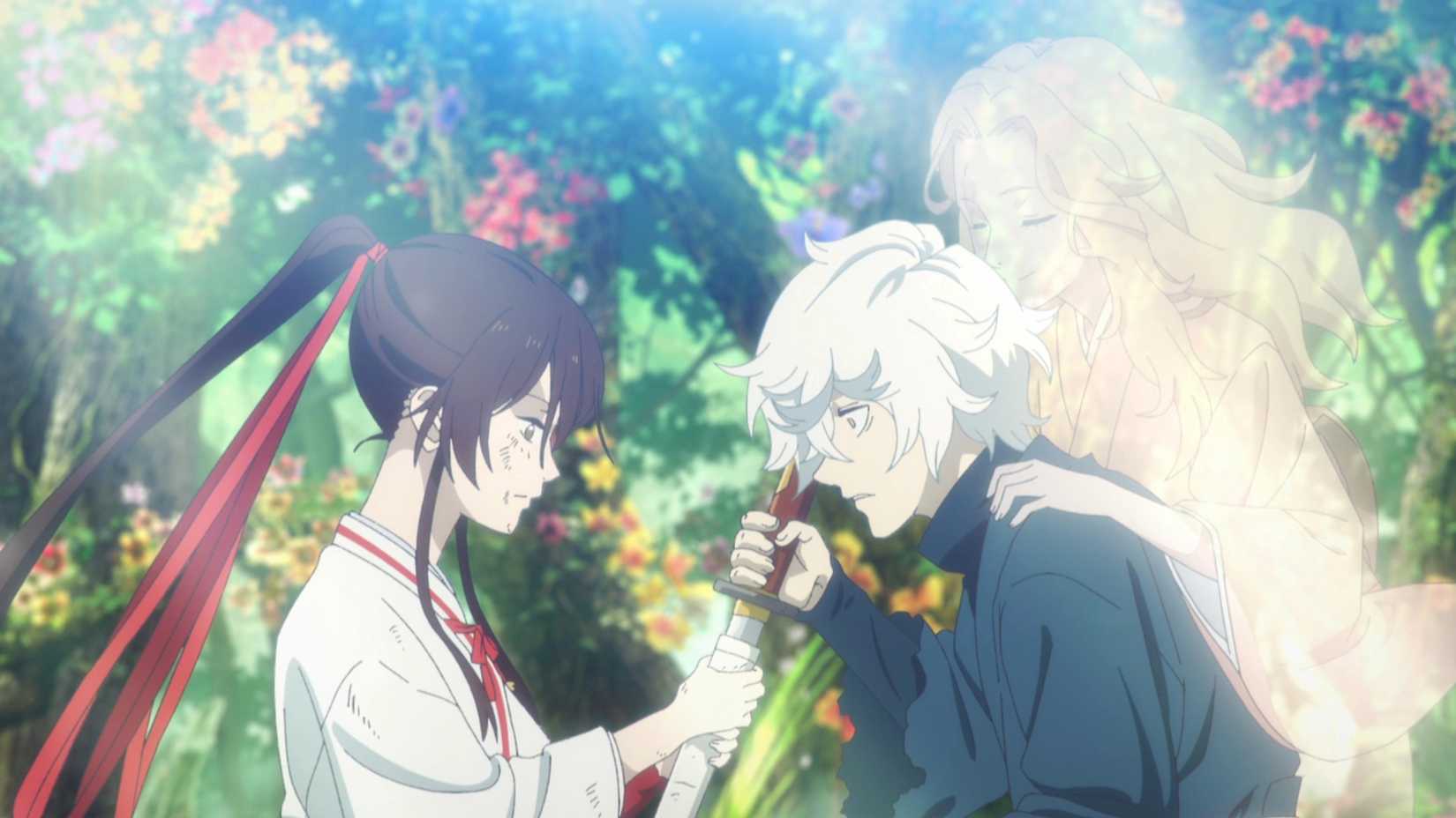 Gabimaru and Sagiri engaged in a sword battle, while Yui's spirit supports Gabimaru, in Hell's Paradise.