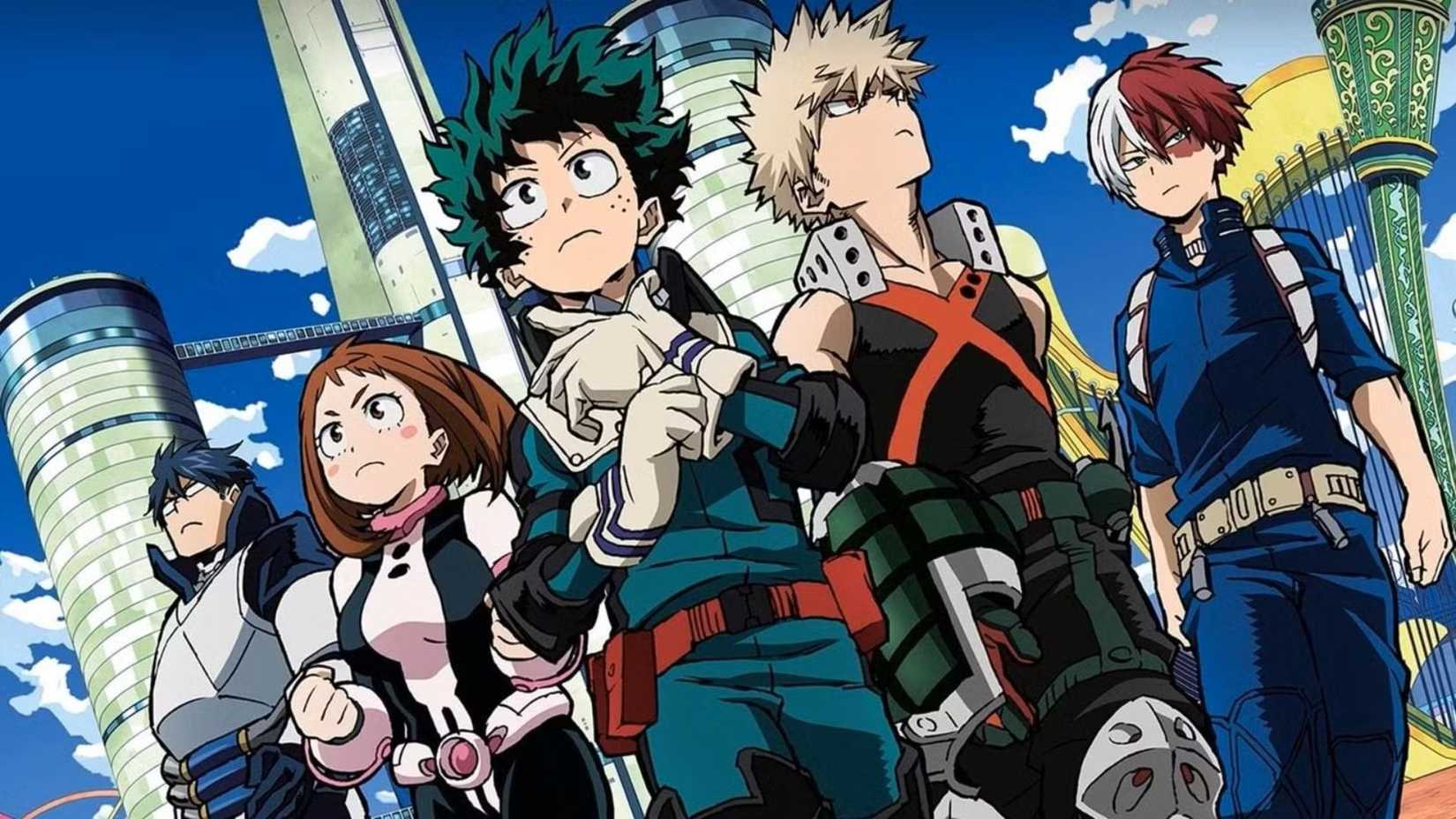 Tenya, Ochaco, Izuku, Bakugo et Shoto de l'anime My Hero Academia en costume et debout ensemble dans la ville.