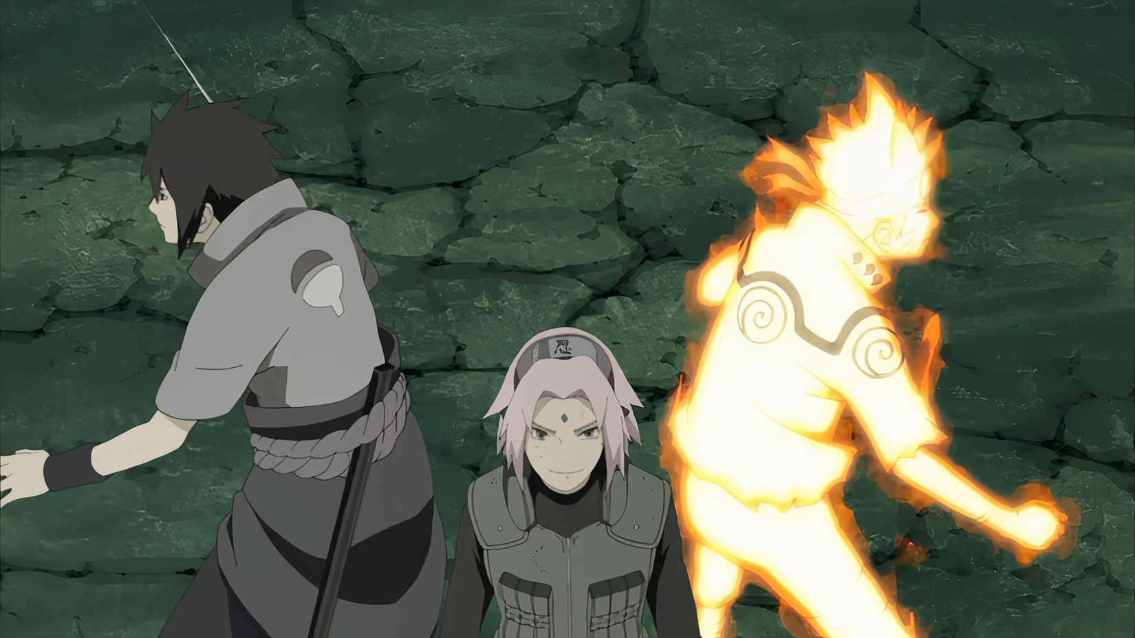 Naruto, Sakura et Sasuke debout dos à dos pendant la Quatrième Grande Guerre Ninja dans l'épisode 373 de Naruto : Shippuden