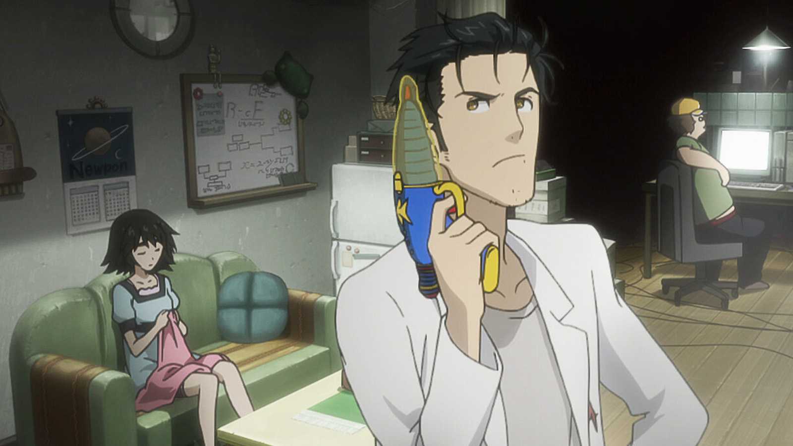 Okarin with a space gun gadget with Mayushii in the background in Steins;Gate