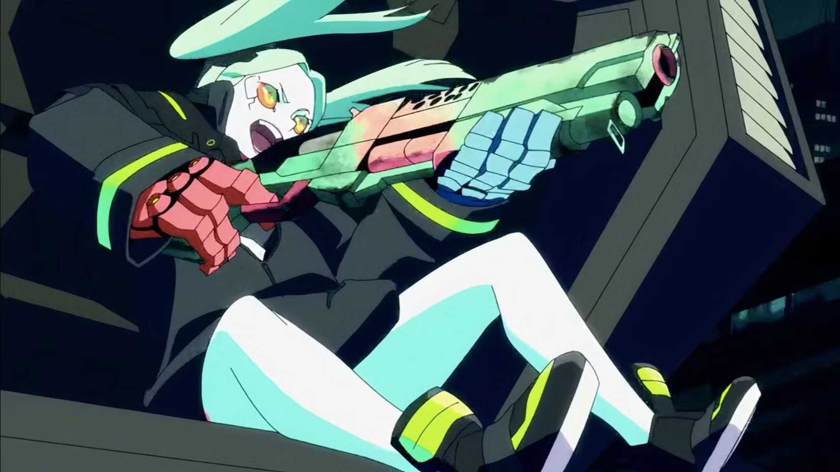 Rebecca fights gleefully with her guns in Cyberpunk: Edgerunners.
