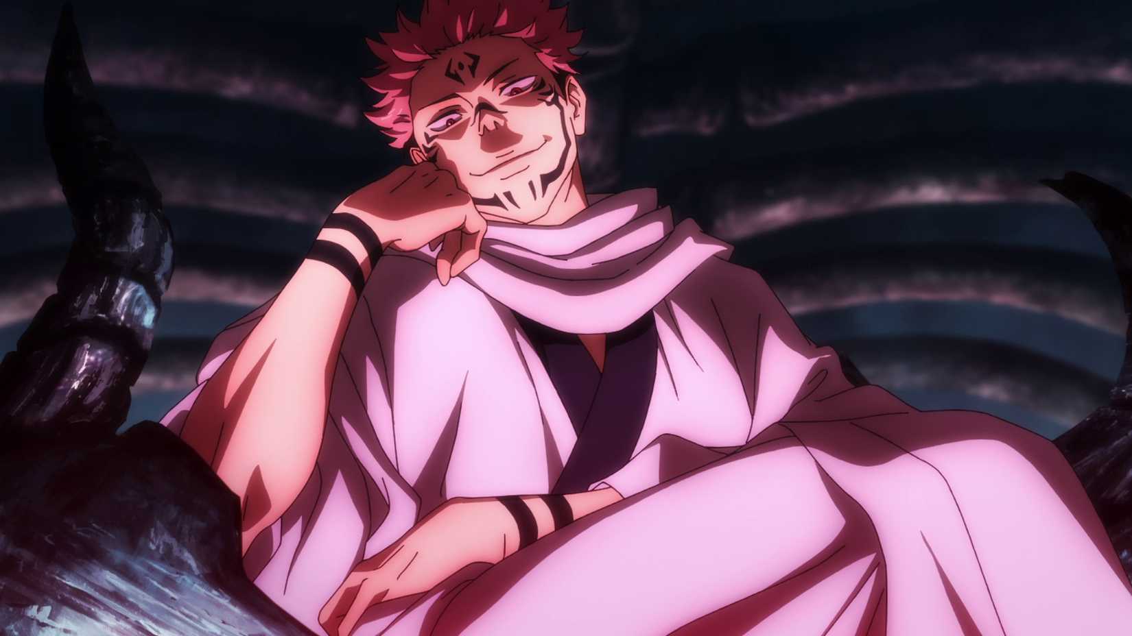 Ryomen Sukuna est assis avec suffisance sur un trône dans Jujutsu Kaisen
