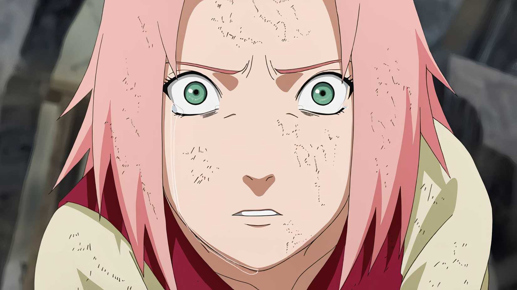 Sakura looks horrified as she sees the destruction following Pain's attack in Episode 162 of Naruto: Shippuden