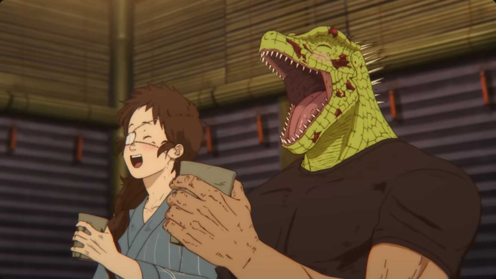 Caiman and Natsuki enjoy a beverage together and laugh in Dorohedoro.