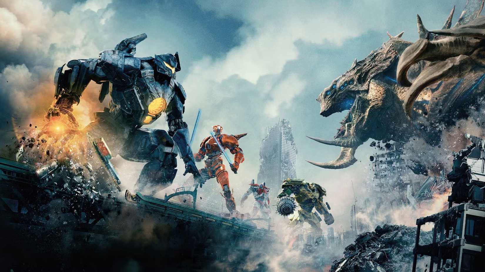 Several mecha robots prepare to fight a giant monster in Pacific Rim Uprising