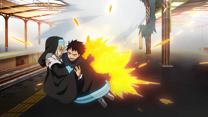 Shinra Kusakabe carrying Iris and flying away in Fire Force Season 1