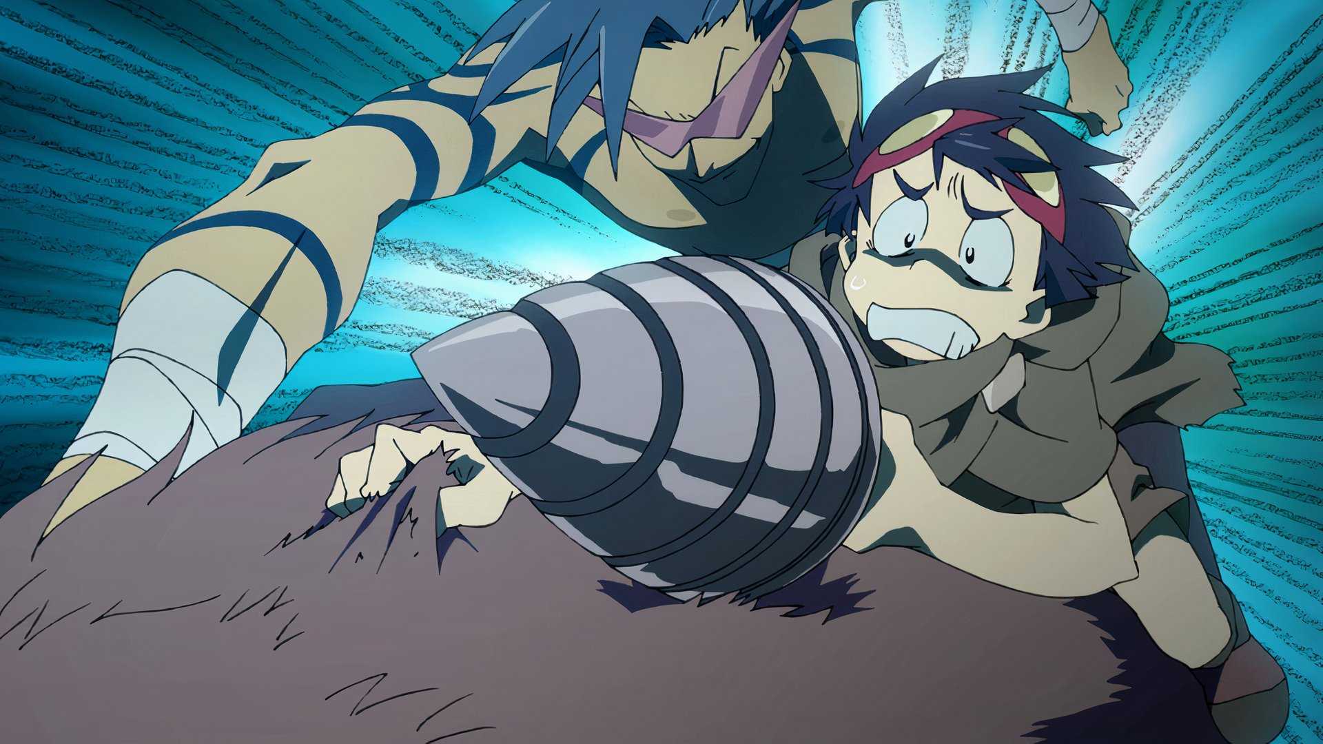 Simon and Kamina hold a drill while riding an animal in Gurren Lagann.