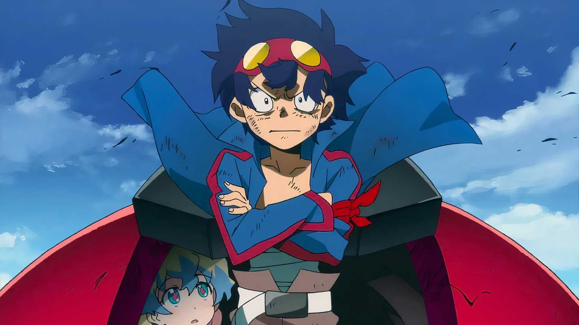 Simon stands confidently with his arms crossed in Gurren Lagann.
