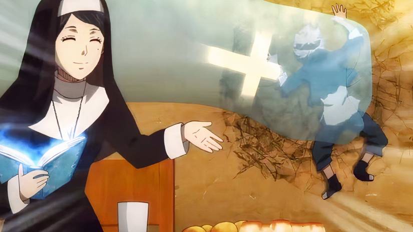 Sister Lily using her magic to slam Asta into the wall in Black Clover
