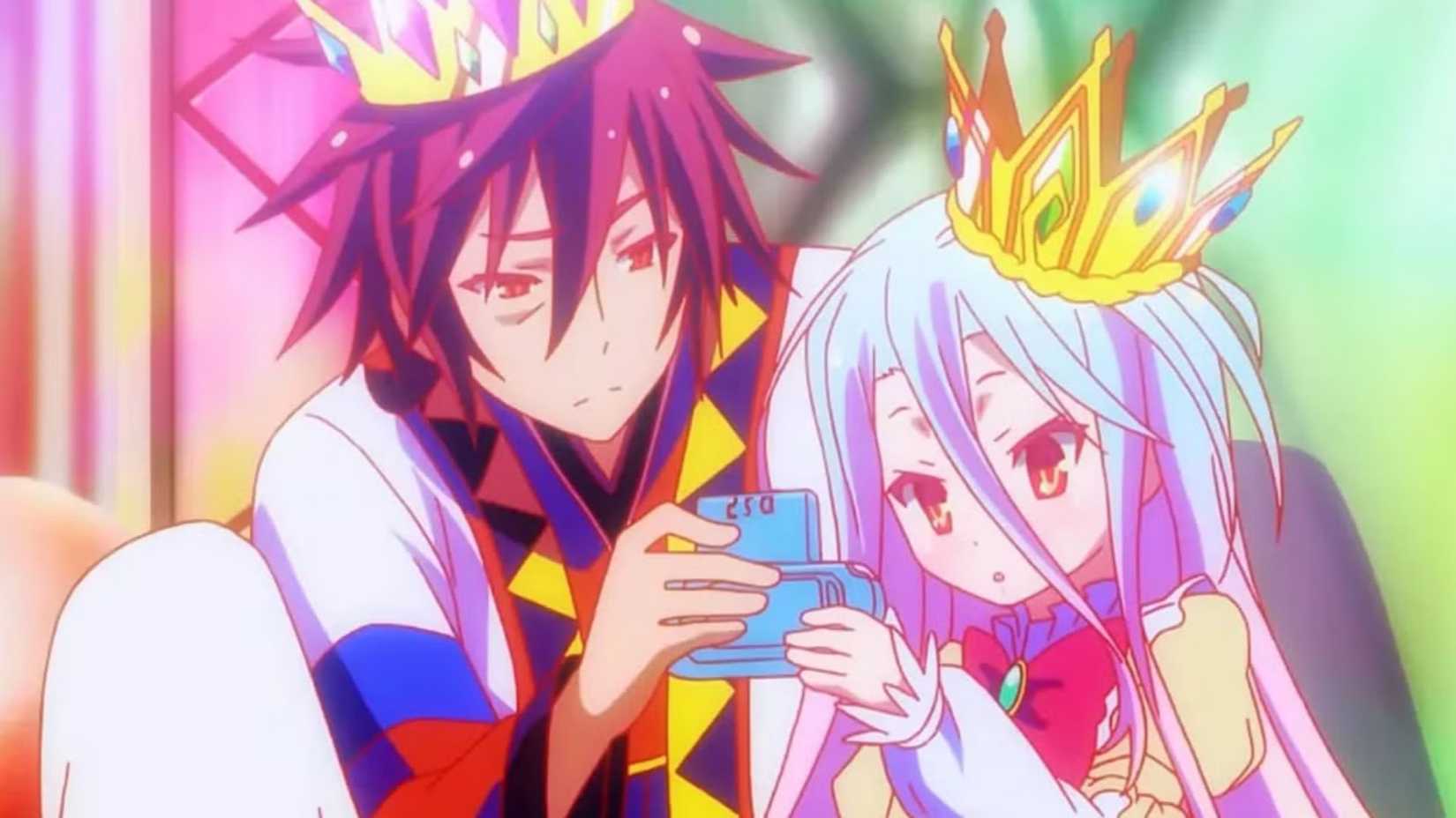 Sora and Shiro look at their PSP in No Game No Life anime.