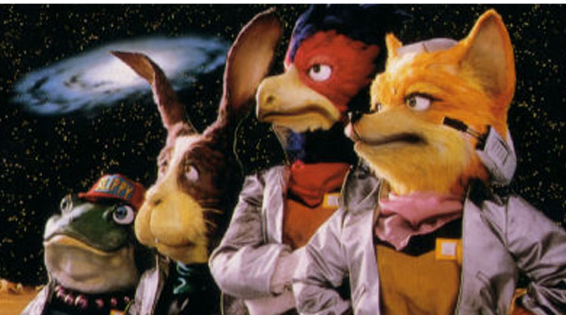 The cover of the original SNES Star Fox, showing Fox, Falco, Peppy, and Slippy standing by each other