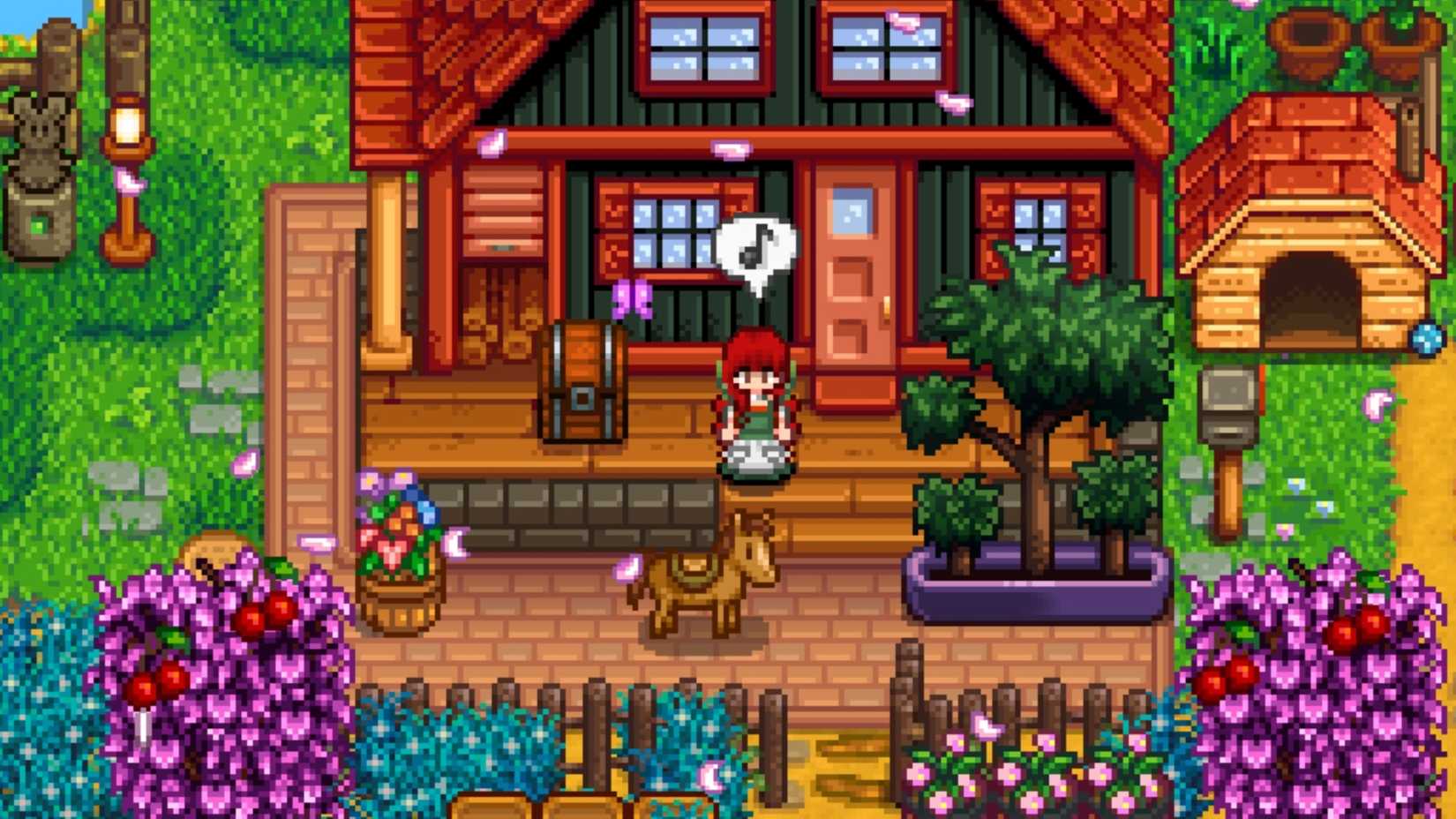 Screenshot of a woman whistling while sitting on a rocking chair as a horse walks in front of her in Stardew Valley