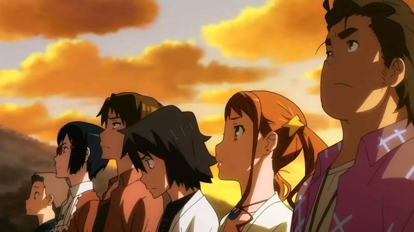 The cast of Anohana The Flower We Saw That Day in front of a cloudy sky.