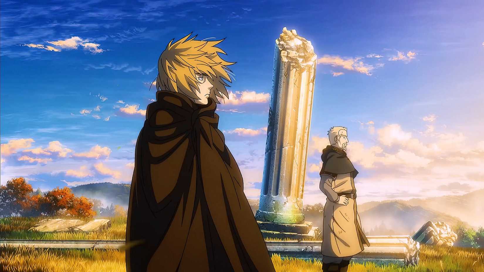Thorfinn et Askeladd regardent le coucher du soleil dans la saison 1 de Vinland Saga.