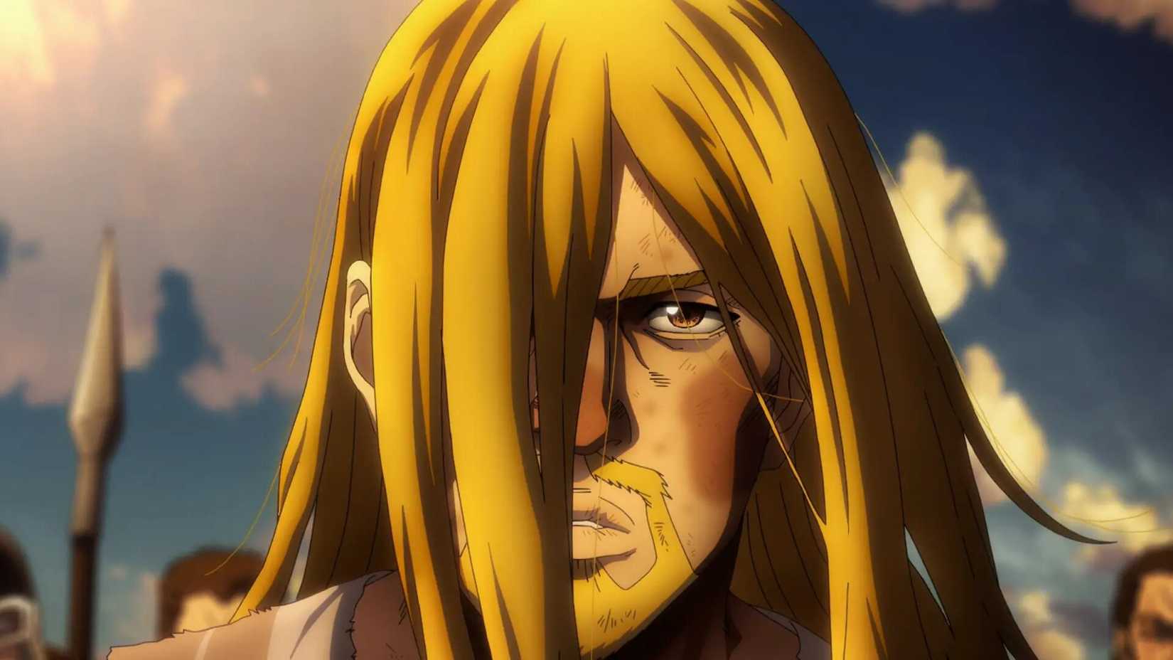 Thorfinn from stands bloodied and bruised on a battlefield in Vinland Saga Season 2