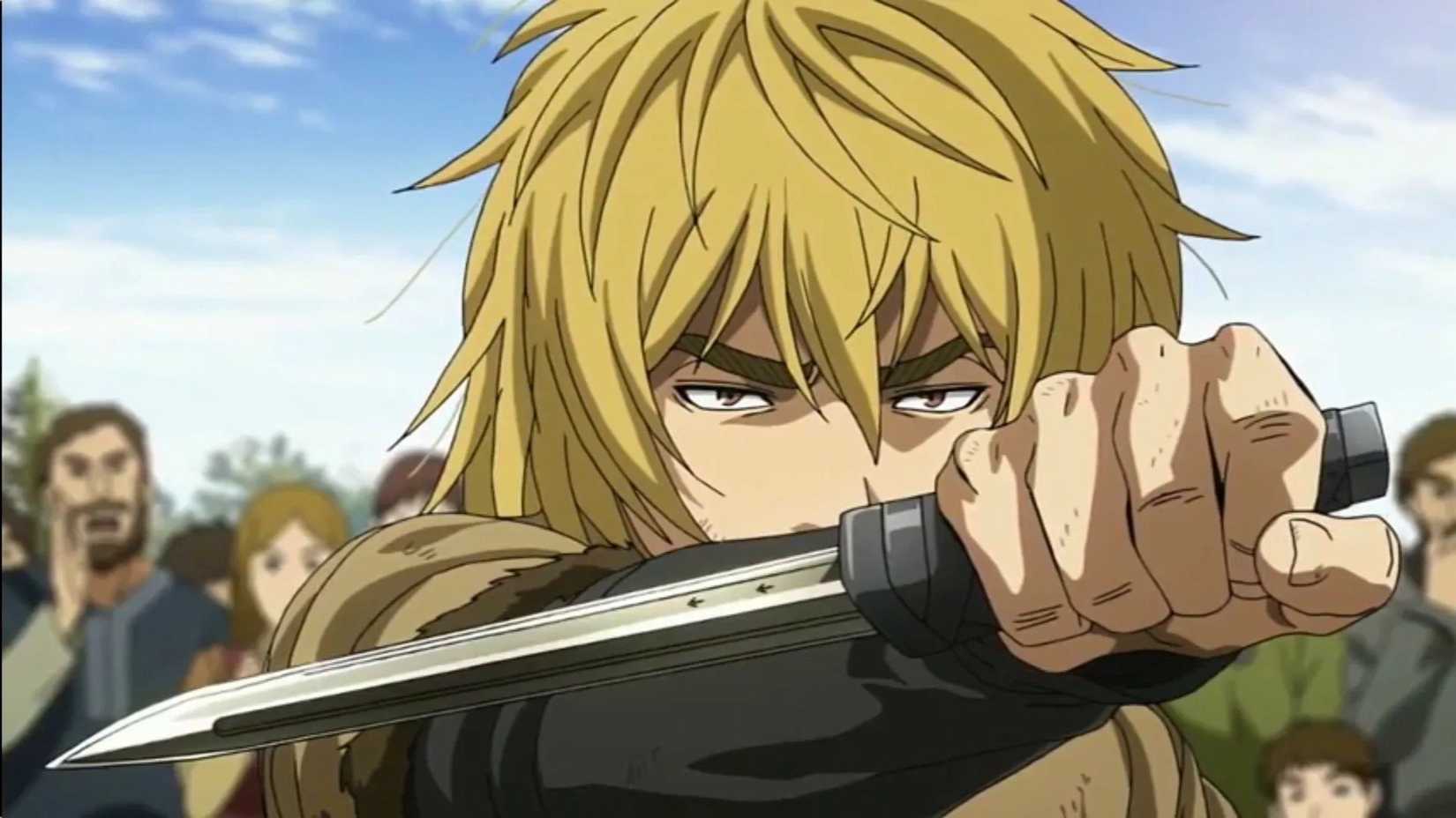 Thorfinn wields a knife in battle in Season 1 of the Vinland Saga anime series