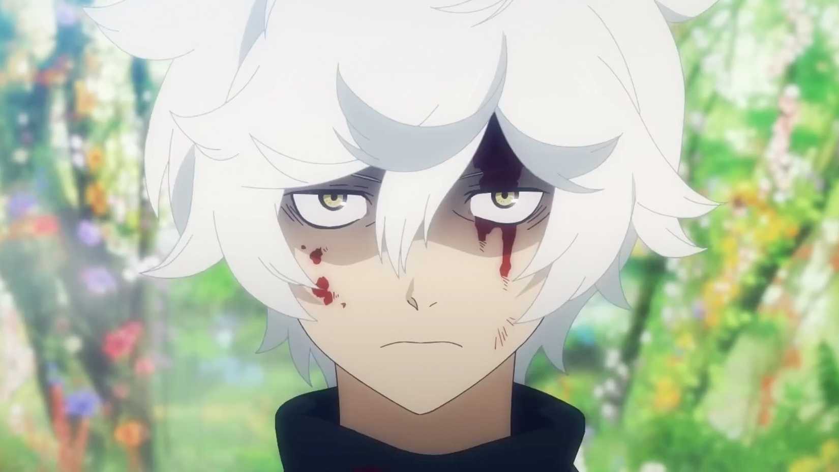Gabimaru with an empty expression and blood dripping down his face in Hell's Paradise