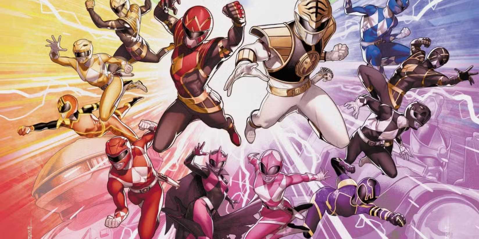 two-teams-of-power-rangers-charging-forward-in-a-pwoer-rangers-comic