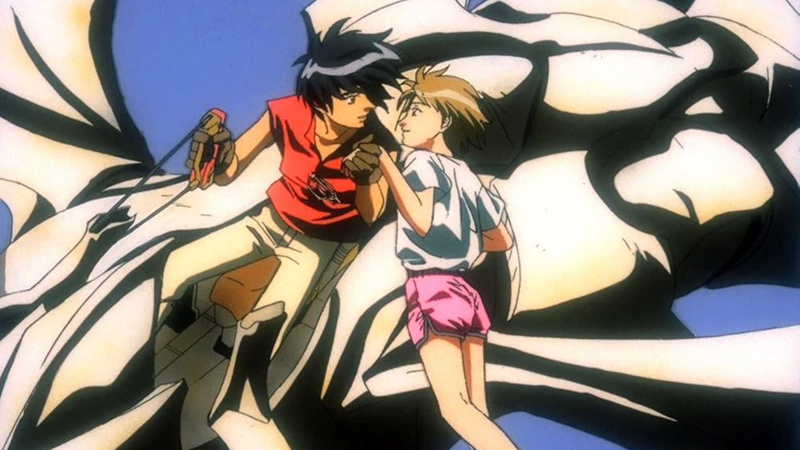 Van and Hitomi embrace atop the back of Escaflowne in its dragon form in The Vision of Escaflowne.