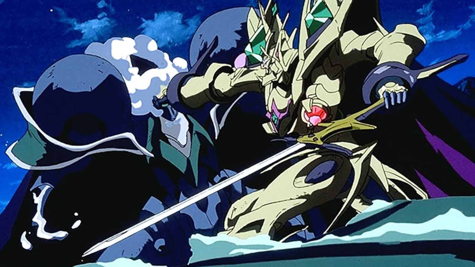 Two massive mecha battling one another in The Vision of Escaflowne.