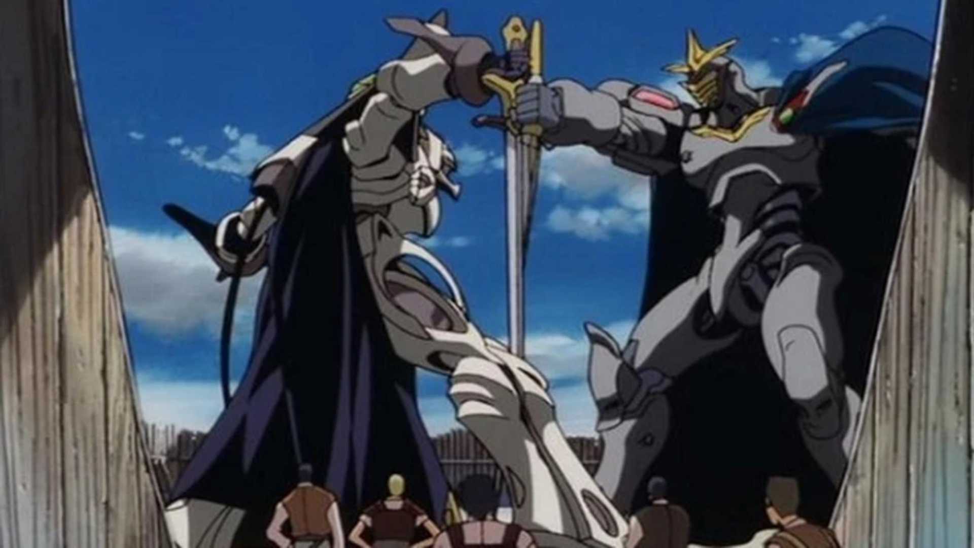 Two giant mecha fighting one another in The Vision of Escaflowne.