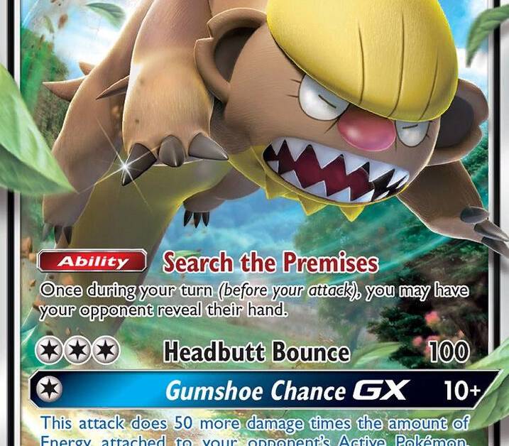 pokemon card gumshoos GX 157/149 Hyper Rare Sun & Moon Near Mint RarityUncommon Hit Points120 HP Colorless Headbang (30) Colorless Pokemon Sun Moon Sun Moon