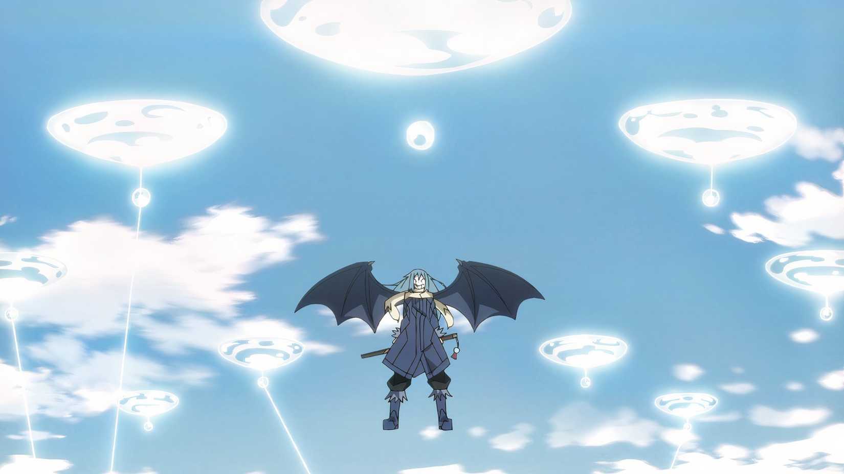 Rimuru flying in the sky wearing a mask and blue outfit with magic spells behind him in that time I got reincarnated as a slime