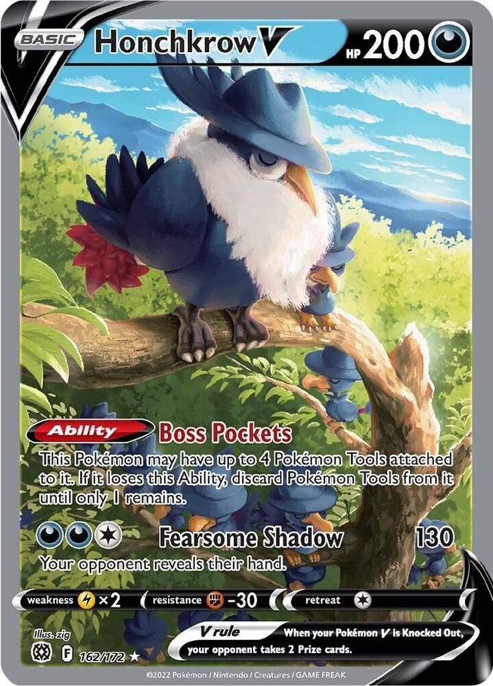 honchkrow v pokemon card value 088/172 Brilliant Stars - Ultra Rare Boss Pockets This Pokemon can have up to 4 Pokemon Tools attached to it Honchkrow V - SWSH09: Brilliant
