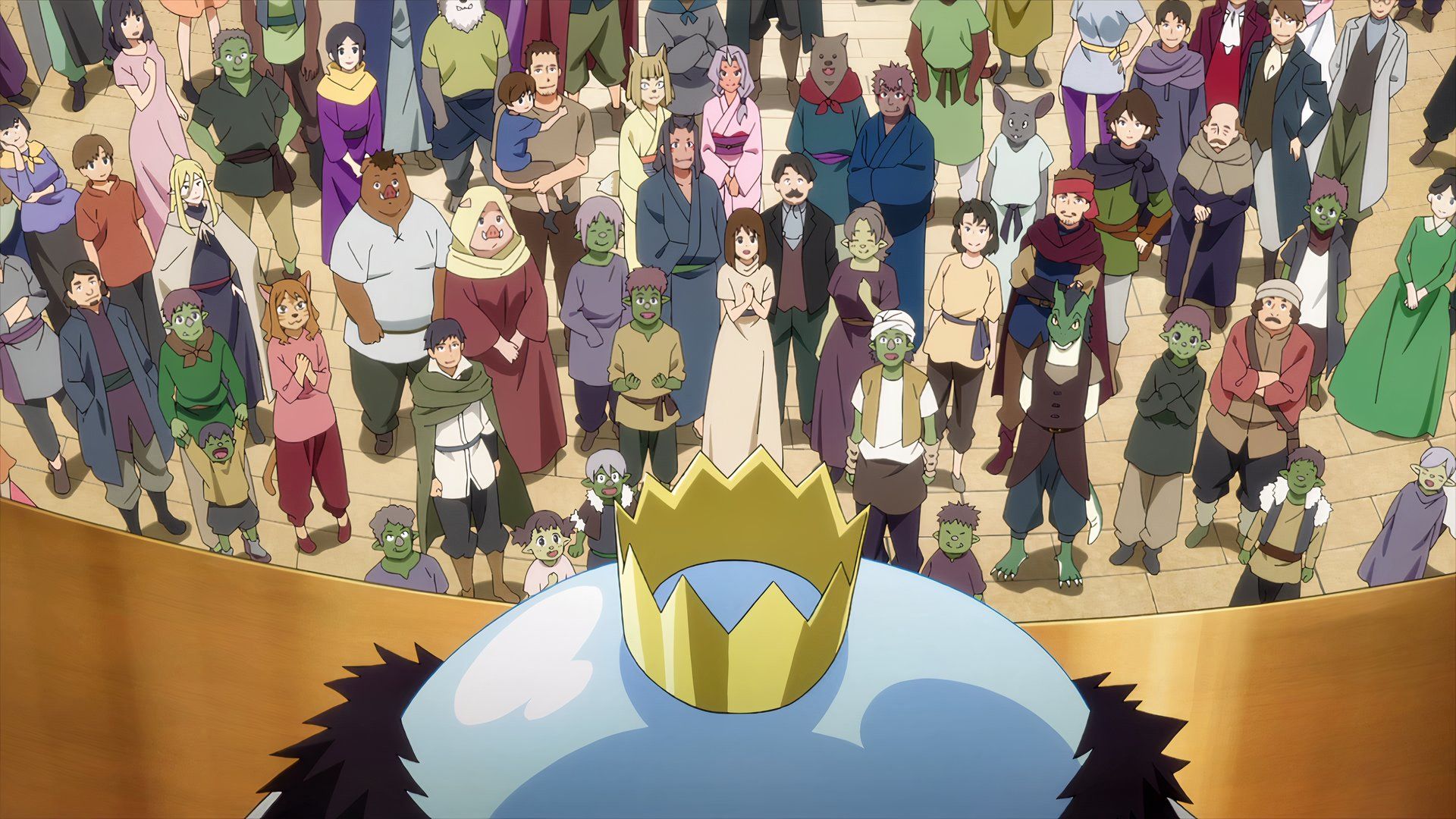 Rimaru, a blue slime wearing a crown looks down at a crown in Tempest city in that time I got reincarnated as a slime