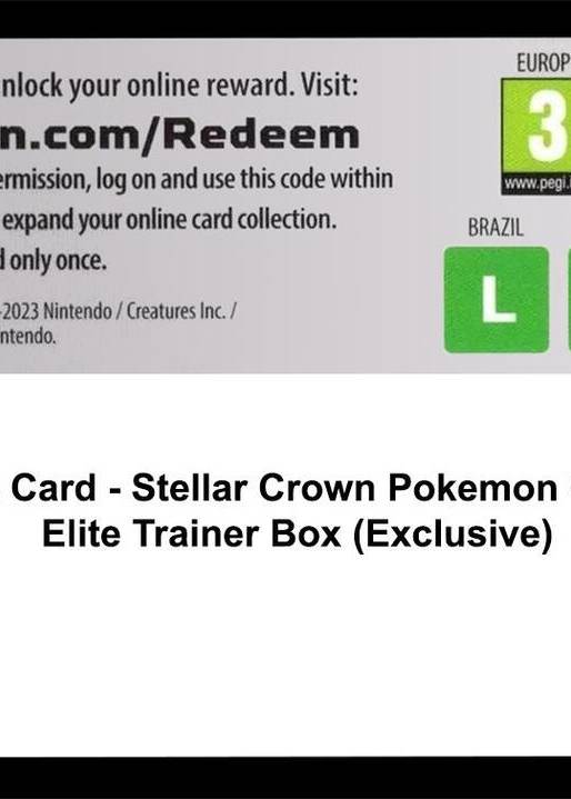 Code Card Stellar Crown Pokemon Center Elite Trainer Box Exclusive - SV07: Stellar Crown Real Time Price Data. Code Card Stellar Crown Pokemon Center Elite Trainer Box Exclusive - SV07: Stellar Crown Real Time Price Data.