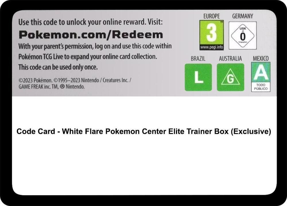 Code Card White Flare Pokemon Center Elite Trainer Box Exclusive - SV:  White Flare Real Time Price Data.