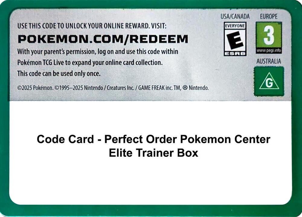 Code Card Perfect Order Pokemon Center Elite Trainer Box - ME03: Perfect  Order Real Time Price Data.