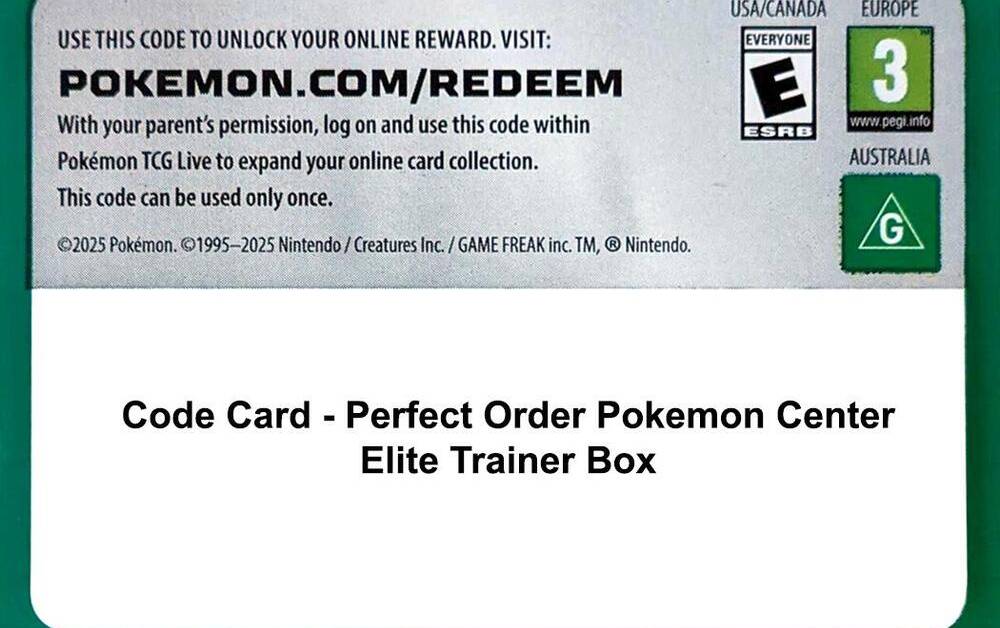 Code Card Perfect Order Pokemon Center Elite Trainer Box - ME03: Perfect Order Real Time Price Data. Code Card Perfect Order Pokemon Center Elite Trainer Box - ME03: Perfect Order Real Time Price Data.