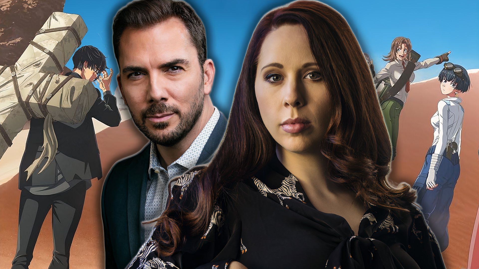 A custom image featuring David Matranga and Alex Tipton in front of Trigun Stampede characters