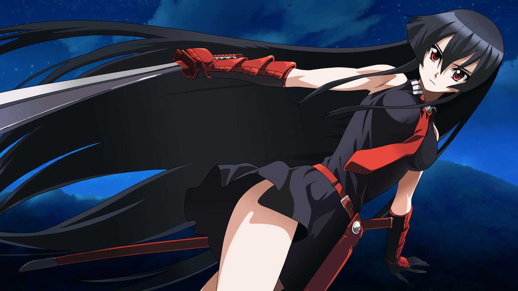 Akame dans l'anime Akame ga Kill avec sa longue épée et ses cheveux longs